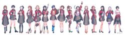  absurdres alternate_costume annallee_(suikoden) apple_(suikoden) black_hair bonaparte_(suikoden) breasts eilie_(suikoden) gensou_suikoden gensou_suikoden_ii highres karen_(suikoden) kasumi_(suikoden) long_hair looking_at_viewer meg_(suikoden) millie_(suikoden) multiple_girls nanami_(suikoden) nina_(suikoden) open_mouth rina_(suikoden) sakai_(motomei) school_uniform short_hair sierra_mikain simple_background skirt smile standing tengaar_(suikoden) tomo_(suikoden) viki_(suikoden) wakaba_(suikoden) white_background wide_shot 