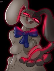  2022 3:4 anthro black_background blue_bow_tie bow_tie breast_squish breasts brown_body buckteeth dark drow462 eyebrows featureless_breasts female five_nights_at_freddy&#039;s five_nights_at_freddy&#039;s:_security_breach fluffy fluffy_tail fur glowing glowing_eyes hi_res lagomorph leporid long_ears looking_at_viewer mammal multicolored_body multicolored_fur offering_hand open_mouth open_smile outline pawpads rabbit reaching_towards_viewer red_eyes red_outline scottgames simple_background smile smiling_at_viewer solo squish steel_wool_studios stitch_(sewing) tail teeth threatening_aura vanny_(fnaf) whiskers 