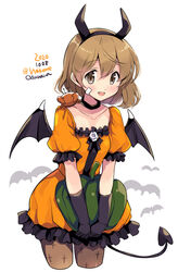  ahoge alternate_costume animal_on_shoulder bandaid bandaid_on_face bat_(animal) bat_wings black_gloves brown_eyes brown_hair brown_pantyhose collarbone commentary_request cowboy_shot crab cropped_legs dated demon_tail demon_wings dress female gloves halloween_costume horns kantai_collection leaning_forward oboro_(kancolle) odawara_hakone one-hour_drawing_challenge orange_dress pantyhose short_hair simple_background solo squash tail twitter_username white_background wings 