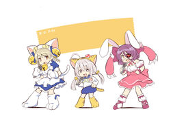  3girls ahoge animal_ears animal_hat apron bad_id bad_pixiv_id bare_shoulders bell blue_dress blue_sailor_collar blue_skirt brown_eyes brown_hair cat_ears cat_hat cat_tail chibi commentary_request cosplay dejiko dejiko_(cosplay) di_gi_charat dice_hair_ornament dress eyepatch fake_animal_ears frilled_apron frills gloves grey_eyes grey_hair hair_bell hair_ornament hat hayasaka_mirei heart holding holding_microphone hoshi_syoko idolmaster idolmaster_cinderella_girls individuals_(idolmaster) jingle_bell long_hair low_twintails maid_apron microphone morikubo_nono multiple_girls mushroom off-shoulder_shirt off_shoulder party_night paw_shoes pink_skirt puchiko puchiko_(cosplay) puffy_short_sleeves puffy_sleeves purple_hair rabbit_ears ringlets sailor_collar shirt shoes short_sleeves skirt striped_tail tail twintails two-tone_background uccow usada_hikaru usada_hikaru_(cosplay) very_long_hair white_apron white_background white_footwear white_gloves white_headwear white_shirt yellow_background yellow_footwear 