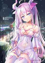  ahoge bare_shoulders blurry blurry_background breasts character_name cityscape cleavage collarbone copyright_name crescent depth_of_field dress female hair_between_eyes head_tilt horns jin_young-in long_hair looking_at_viewer medium_breasts na_sera night night_sky nijisanji nijisanji_kr outdoors pink_hair purple_eyes sitting sky solo thighhighs twintails very_long_hair virtual_youtuber white_dress white_thighhighs 