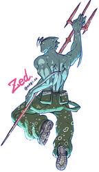  1boy antennae artist_name back_turned bad_id bad_pixiv_id bubble character_name furry furry_male green_pants holding holding_polearm holding_weapon kekkai_sensen looking_at_viewer male_focus megi02 merman monster_boy muscular muscular_male pants polearm shoes soles topless_male twitter_username weapon zed_o&#039;_brien 