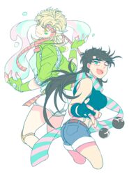  2girls akiae_(hayj14) battle_tendency black_hair blonde_hair blue_eyes bola_(weapon) breasts brown_hair bubble crop_top denim denim_shorts facial_mark fingerless_gloves genderswap_(mtf) gloves green_eyes hair_ornament jojo_no_kimyou_na_bouken joseph_joestar joseph_joestar_(young) knee_pads large_breasts long_hair midriff multiple_girls rule_63 scarf shorts striped_clothes striped_scarf 