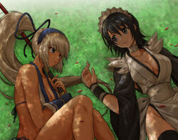  2girls bandages_over_clothes black_hair bow_(weapon) breasts dark-skinned_female dark_skin from_above grass iroha_(samurai_spirits) itouei long_hair looking_at_another lying maid maid_headdress maid_leotard majikina_mina multiple_girls on_back on_grass samurai_spirits sarong snk unconventional_maid weapon white_hair white_sarong yuri 