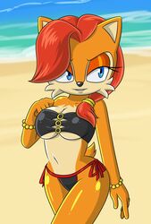  anthro archie_comics beach big_breasts bikini black_bikini black_clothing black_nose black_swimwear blue_eyes bracelet breasts brown_body brown_fur cheek_tuft chipmunk cleavage clothed clothing collarbone curvy_figure facial_tuft female fur glistening_eyelids ground_squirrel hair hand_on_breast hi_res hourglass_figure jewelry lidded_eyes long_hair mammal multicolored_body multicolored_fur navel ponytail_over_shoulder red_hair rodent sally_acorn sciurid seaside sega smile solo sonic_the_hedgehog_(archie) sonic_the_hedgehog_(comics) sonic_the_hedgehog_(series) sonicguru swimwear tan_body tan_fur tied_bikini tuft walking wide_hips 