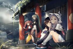  4girls absurdres ahoge alternate_costume an_shan_(azur_lane) azur_lane black_hair black_jacket black_legwear blue_eyes blue_ribbon casual chang_chun_(azur_lane) chinese_commentary closed_umbrella commentary_request contemporary crossed_arms fu_shun_(azur_lane) green_eyes green_hair grey_hair hair_ribbon highres holding holding_umbrella hood horns iiiroha jacket leaning_back leaning_forward leaning_on_object long_hair long_sleeves looking_at_viewer multiple_girls outdoors overcast pantyhose ponytail purple_eyes rain red_hair ribbon shoes short_hair shrine sidelocks sky sneakers socks tai_yuan_(azur_lane) tied_hair tree twintails umbrella very_long_hair 