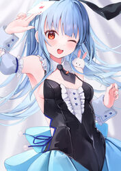  absurdres animal_ears black_leotard black_necktie blue_hair blue_skirt blush card collar detached_collar detached_sleeves don-chan_(usada_pekora) fake_animal_ears female floating_hair frilled_collar frilled_sleeves frills highres holding holding_card hololive kashuu_(pixiv_66328082) leotard long_hair looking_at_viewer necktie official_alternate_costume one_eye_closed open_mouth playboy_bunny puffy_detached_sleeves puffy_short_sleeves puffy_sleeves rabbit_ears short_eyebrows short_necktie short_sleeves sidelocks skirt smile solo teeth thick_eyebrows upper_teeth_only usada_pekora usada_pekora_(furi_furi_bunny_dress) virtual_youtuber white_collar white_sleeves wrist_cuffs 