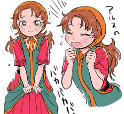  blush breasts closed_mouth curly_hair dragon_quest dragon_quest_vii dress female hood long_hair looking_at_viewer maribel_(dq7) miyama_(kannsannn) multiple_views open_mouth red_hair simple_background tearing_up white_background 