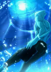  absurd_res animal_humanoid antennae_(anatomy) aquarium athletic athletic_male back_muscles biceps blood_blockade_battlefront blue_body blue_skin bubble clothed clothing fin frutiger_aero hi_res humanoid male marine marine_humanoid muscular muscular_male obliques plant rear_view skinsuit solo tablet tight_clothing topless triceps underwater vivarium water zed_o&#039;brien 