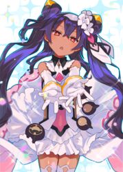  alexa_mahone bad_id bad_pixiv_id bare_shoulders black_hair commentary_request dark-skinned_female dark_skin elbow_gloves female gloves highres long_hair looking_at_viewer nephtim_(world_flipper) open_mouth purple_hair red_eyes skirt solo thighhighs twintails very_long_hair white_gloves world_flipper 