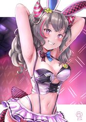  alternate_hair_length alternate_hairstyle animal_ears armpits arms_up artist_logo azur_lane badge bare_shoulders blush bow bowtie breasts button_badge cleavage commentary cowboy_shot detached_collar dime-san fake_animal_ears female fishnet_legwear fishnets grey_hair grin groin hair_between_eyes hair_horns highres looking_at_viewer medium_breasts midriff miniskirt multicolored_hair navel official_alternate_costume pink_skirt pleated_skirt purple_eyes purple_hair rabbit_ears san_francisco_(azur_lane) san_francisco_(funny_bunny!)_(azur_lane) shirt short_hair sidelocks skirt smile solo standing strapless strapless_shirt streaked_hair suspender_skirt suspenders sweat teeth 