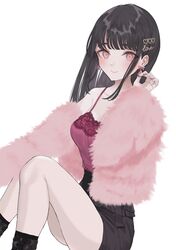  absurdres bare_legs black_hair black_skirt black_socks blush breasts cleavage closed_mouth coat collarbone commentary_request diamond_earrings earrings eyelashes feet_out_of_frame female fingernails frilled_skirt frills fur_coat hair_ornament hand_up high-waist_skirt highres jewelry knees_up lace_trim long_fingernails long_hair long_sleeves looking_at_viewer medium_breasts microskirt nail_polish original pink_coat pink_eyes pink_nails pink_tank_top shirt_tucked_in sidelocks simple_background sitting skirt sleeveless smile socks solo straight_hair sutochan tank_top tented_shirt white_background 