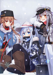  3girls black_gloves black_headwear black_pantyhose black_skirt blue_shawl blue_skirt blush boots breath brown_footwear brown_hair bucket camouflage camouflage_jacket coat commentary_request country_connection earmuffs fishing fishing_rod flat_cap fur_hat fur_trim gangut_(kancolle) gloves grey_hair hair_ornament hairclip hammer_and_sickle hands_in_pockets hat hibiki_(kancolle) highres jacket kantai_collection long_hair long_sleeves low_twintails multiple_girls oerba_yun_fang open_mouth pantyhose papakha pleated_skirt reitou_mikan rigging scar scarf shawl skin_fang skirt snow snowing star_(symbol) tashkent_(kancolle) torn_clothes torn_scarf twintails verniy_(kancolle) verniy_(saury_festival)_(kancolle) white_headwear white_scarf 