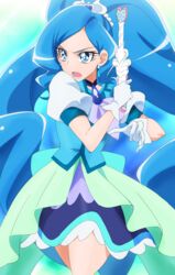  absurdres ascot blue_background blue_choker blue_skirt blue_vest brooch choker commentary cowboy_shot cure_fontaine female gloves gradient_background healin&#039;_good_precure healing_animal healing_wand highres jewelry long_hair magical_girl oimanji open_mouth pegitan_(precure) precure puffy_short_sleeves puffy_sleeves sawaizumi_chiyu short_sleeves skirt vest white_gloves 