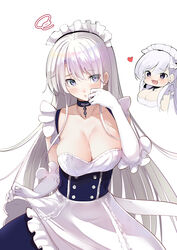  2girls :d alternate_costume apron azur_lane belfast_(azur_lane) belfast_(azur_lane)_(cosplay) blue_dress breasts chibi chibi_inset cleavage collar collarbone commentary_request cosplay dress enmaided enterprise_(azur_lane) gloves heart highres large_breasts long_hair looking_at_viewer maid maid_apron maid_headdress multiple_girls open_mouth purple_eyes schreibe_shura simple_background smile solo_focus squiggle very_long_hair white_background white_gloves white_hair yuri 