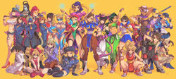  6+girls abs barefoot beret blue_leotard boots bracelet breasts cammy_white camouflage camouflage_shirt capcom capcom_fighting_jam chaps chun-li circlet cleavage commentary crimson_viper crop_top crystal_ball cuffs dark-skinned_female dark_skin decapre dougi dress edwin_huang effie_(street_fighter) elena_(street_fighter) energy_ball english_commentary everyone eyewear_on_headwear falke_(street_fighter) female_seth_(street_fighter) fingerless_gloves fur_hat genryuusai_maki gloves glowing glowing_eyes hagoromo hair_horns hair_rings handcuffs hat highleg highleg_leotard highres hip_vent ibuki_(street_fighter) ingrid_(capcom) jewelry juli_(street_fighter) juni_(street_fighter) juri_han justice_gakuen kanzuki_karin kasugano_sakura kazama_akira kolin laura_matsuda leotard looking_at_viewer lucia_morgan makoto_(street_fighter) mask menat metal_skin multiple_girls muscular muscular_female necktie ojou-sama_pose pantyhose pelvic_curtain poison_(final_fight) pompadour rainbow_mika rose_(street_fighter) sailor_collar school_uniform shawl shirt shoes single_hair_ring sitting sleeved_leotard sneakers squatting staff street_fighter street_fighter_ii_(series) street_fighter_iii_(series) street_fighter_iv_(series) street_fighter_v street_fighter_zero_(series) sunglasses tank_top thick_thighs thighhighs thighs toeless_legwear toned tonfa twintails ushanka weapon wrestling_mask wrestling_outfit wrist_blades wristband yamato_nadeshiko_(street_fighter) yellow_background 