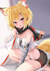  animal_ear_fluff animal_ears arknights bandaged_arm bandaged_leg bandages bare_shoulders barefoot between_legs black_shorts blonde_hair commentary ehart female fox_ears fox_girl fox_tail gauntlets hair_between_eyes hair_ornament hairclip hand_between_legs hand_up looking_at_viewer navel notched_ear open_mouth red_eyes shirt short_shorts shorts single_gauntlet solo strapless strapless_shirt symbol-only_commentary tail vermeil_(arknights) white_shirt 