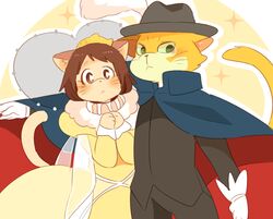  2016 anthro baron_humbert_von_gikkingen blush brown_hair cape clothing domestic_cat dress duo felid feline felis female fur ghibli hair haru_yoshioka hat headgear headwear hyaku_(artist) male mammal the_cat_returns yellow_body yellow_fur 