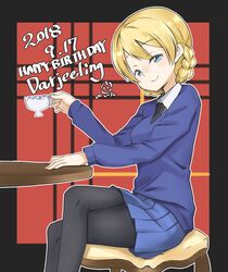  artist_name birthday black_necktie black_pantyhose blonde_hair blue_eyes blue_skirt blue_sweater braid chair character_name closed_mouth crossed_legs cup darjeeling_(girls_und_panzer) dated dress_shirt english_text female girls_und_panzer half-closed_eyes happy_birthday highres holding holding_cup long_sleeves looking_at_viewer miniskirt necktie outline pantyhose plaid plaid_background pleated_skirt school_uniform shirt short_hair signature sitting skirt smile solo st._gloriana&#039;s_school_uniform sweater table teacup tied_hair toon_(noin) twin_braids v-neck white_outline white_shirt wing_collar 