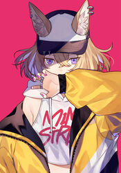  animal_ear_fluff animal_ears arm_up bare_shoulders baseball_cap brown_hair claw_pose colored_inner_hair commentary covering_own_mouth crop_top crossed_bangs drawstring ears_through_headwear female fox_ears hair_between_eyes hat hood hood_down hoodie jacket jewelry long_sleeves looking_at_viewer multicolored_hair nail_polish off_shoulder open_clothes open_jacket original pink_background pink_nails purple_eyes ring short_hair shugao simple_background sleeveless sleeveless_hoodie solo upper_body white_hoodie yellow_jacket 