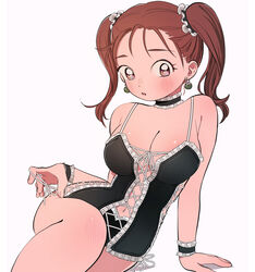  bad_id bad_twitter_id bare_shoulders blush breasts brown_eyes brown_hair cleavage corset dangerous_bustier_(dq) dragon_quest dragon_quest_viii earrings female jessica_albert jewelry large_breasts lingerie long_hair looking_at_viewer miyama_(kannsannn) open_mouth simple_background solo twintails underwear white_background 