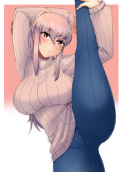  absurdres arm_behind_head arm_up beige_sweater blue_pants blush border breasts brown_eyes female gradient_background hair_between_eyes high_ponytail highres holding_leg large_breasts long_hair original pants pink_background pink_hair ribbed_sweater sidelocks solo split standing standing_on_one_leg standing_split suraya_(z666ful) sweater turtleneck turtleneck_sweater white_border z666ful 