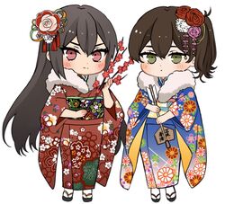  2girls arrow_(projectile) black_hair blue_kimono brown_eyes brown_hair chibi commentary_request ema floral_print flower fur-trimmed_kimono fur_trim furisode hair_flower hair_ornament hamaya japanese_clothes kaga_(kancolle) kantai_collection kimono long_hair looking_at_viewer machi_(ritovoyage) multiple_girls nagato_(kancolle) no_headgear print_kimono red_eyes red_kimono side_ponytail simple_background twig white_background 