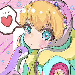  animification apex_legends bad_id bad_pixiv_id blonde_hair blue_eyes female heart highres hood hooded_jacket jacket kawaii_voltage_wattson looking_at_viewer nepitasu nessie_(respawn) pink_headwear portrait scar scar_on_cheek scar_on_face solo speech_bubble spoken_heart stuffed_toy wattson_(apex_legends) yellow_jacket 