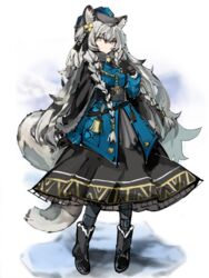  absurdres animal_ear_fluff animal_ears arknights bell belt black_belt black_cape black_footwear black_gloves black_skirt blue_jacket boots braid cape commentary error1980 female full_body gloves grey_eyes hair_between_eyes hat highres jacket leopard_ears leopard_tail long_hair long_sleeves looking_at_viewer official_alternate_costume pramanix_(arknights) pramanix_(caster&#039;s_frost)_(arknights) skirt solo tail twin_braids very_long_hair white_background white_hair 