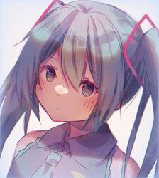  aqua_eyes aqua_hair aqua_necktie bad_id bad_pixiv_id bare_shoulders commentary expressionless female grey_shirt hair_ornament hatsune_miku headphones highres karamaru626 light_particles long_hair looking_at_viewer necktie portrait shirt sleeveless sleeveless_shirt solo twintails vocaloid 