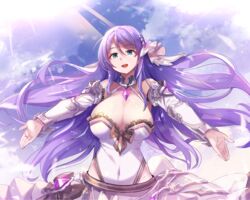  :d armor armored_dress bare_shoulders blue_eyes breasts cleavage covered_navel cowboy_shot day ddolggol detached_sleeves female floating_hair frills hair_between_eyes hair_ribbon hairband highres jewelry large_breasts long_hair looking_at_viewer open_mouth outstretched_arms pendant princess_connect! purple_hair ribbon shizuru_(princess_connect!) smile solo spread_arms sunlight very_long_hair 