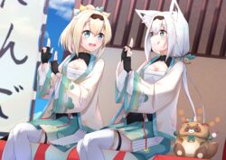  2girls animal_ear_fluff animal_ears banner black_gloves blonde_hair blush bow breasts chest_sarashi cleavage cloud cloudy_sky commentary_request cosplay day fingerless_gloves fox_ears fox_girl gloves green_eyes hair_between_eyes hairband hairbow haori highres hololive japanese_clothes kazama_iroha kazama_iroha_(1st_costume) kazama_iroha_(cosplay) long_hair looking_at_another miki_miki multiple_girls open_mouth partial_commentary pokobee ponytail sarashi shirakami_fubuki sidelocks sitting sky small_breasts smile tanuki thighhighs tongue tongue_out virtual_youtuber white_hair white_thighhighs 