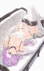  bra breasts commentary_request commission couch female gabriel_(granblue_fantasy) granblue_fantasy grey_eyes grey_footwear hair_between_eyes high_heels highres knee_up lingerie long_hair looking_at_viewer lying medium_breasts navel on_back on_couch panties parfaitlate parted_lips purple_hair shoes simple_background solo thighhighs underwear very_long_hair white_background white_bra white_panties white_thighhighs 