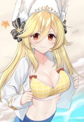  alternate_breast_size animal_ears beach bikini bikini_top_only bikini_under_clothes black_bow blonde_hair bow bow_swimsuit breasts cleavage commentary english_commentary fake_animal_ears female fur_hat girls&#039;_frontline gold_trim hair_between_eyes hat hat_bow highres large_breasts light_blush light_smile long_hair long_sleeves looking_at_viewer nagant_revolver_(girls&#039;_frontline) nagant_revolver_(mod3)_(girls&#039;_frontline) navel open_clothes open_shirt red_bow red_eyes rynzfrancis sand shirt sidelocks solo starfish swimsuit undressing ushanka water white_shirt yellow_bikini 