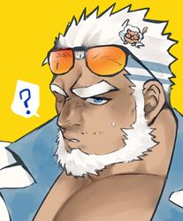  1boy ? aegir_(housamo) aqua_hair bad_id bad_twitter_id bara beard blue_eyes commentary dark-skinned_male dark_skin facial_hair inactive_account large_pectorals male_focus mature_male multicolored_hair muscular muscular_male one_eye_closed open_clothes open_shirt pectoral_cleavage pectorals po_fu portrait short_hair solo spoken_question_mark streaked_hair sunglasses sweatdrop symbol-only_commentary thick_eyebrows tokyo_afterschool_summoners white_hair 