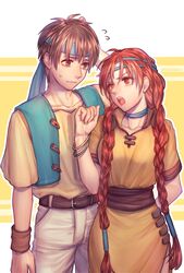  1boy bandana braid breasts brown_hair closed_mouth dress female gensou_suikoden gensou_suikoden_i gensou_suikoden_ii hair_over_shoulder headband highres hix_(suikoden) long_hair open_mouth red_eyes red_hair sakai_(motomei) standing sweatdrop tengaar_(suikoden) twin_braids very_long_hair wristband 