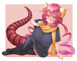  black_shirt black_thighhighs blush breasts dragon_girl dragon_horns dragon_tail elomil female full_body hand_up horns huge_breasts ilulu_(maidragon) kobayashi-san_chi_no_maidragon korean_commentary long_hair looking_at_viewer low_twintails moon pink_eyes pointy_ears scarf shirt short_sleeves simple_background solo tail thighhighs twintails very_long_hair yellow_scarf 