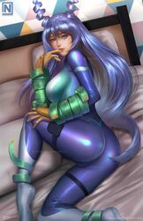  1girls big_breasts blue_hair clothed female female_focus female_only female_solo fully_clothed hadou_nejire hadou_nejire_(hero_outfit) hero_outfit_(mha) long_hair looking_at_viewer my_hero_academia nejire_hado nejire_hado_(hero_outfit) nopeys on_bed posing sole_female solo solo_female solo_focus tight_clothing violet_eyes 