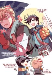  2boys akiae_(hayj14) anger_vein battle_tendency black_hair blonde_hair caesar_anthonio_zeppeli coat eating facial_mark fingerless_gloves food gloves jojo_no_kimyou_na_bouken joseph_joestar joseph_joestar_(young) male_focus multiple_boys necktie padded_coat running sandwich teenage time_paradox translation_request turn_coat waving 