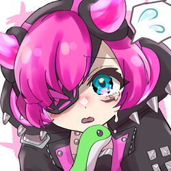  animification apex_legends bad_id bad_pixiv_id black_headwear black_jacket black_lips blue_eyes crying crying_with_eyes_open cyber_punked_wattson eyepatch female holding holding_stuffed_toy hood hooded_jacket horns jacket nepitasu nessie_(respawn) one_eye_covered open_mouth pink_hair solo speech_bubble spiked_hood spoken_sweatdrop stuffed_toy sweatdrop tears wattson_(apex_legends) 