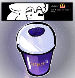  anthro beverage canid canine catjam_(artist) clothing dialogue english_text eyewear female glasses grimace grimace_shake jacket karina_(catjam) mammal mcdonald&#039;s meme scared solo text topwear 