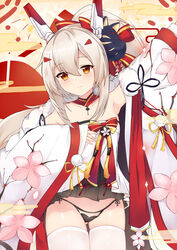  arm_up armpits ass_visible_through_thighs ayanami_(azur_lane) ayanami_(pulse_of_the_new_year)_(azur_lane) azur_lane bare_shoulders black_panties bow brown_hair cherry_blossoms commentary_request cowboy_shot female fox_mask hair_ornament hairbow haori headgear highres japanese_clothes kana_(kuaua) long_hair long_sleeves looking_at_viewer mask mask_on_head miniskirt official_alternate_costume open_clothes orange_eyes panties ponytail skirt smile solo thighhighs underwear white_thighhighs wide_sleeves 