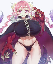  abs absurdres arm_up black_cape black_panties breasts cape cowboy_shot dragon_claw dragon_girl dragon_horns dragon_tail ethan_wylie female highres horns huge_breasts ilulu_(maidragon) kobayashi-san_chi_no_maidragon long_hair low_twintails midriff navel panties pink_hair purple_eyes shadow signature simple_background solo tail twintails underwear very_long_hair white_background 