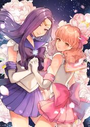  2girls alternate_costume bishoujo_senshi_sailor_moon bow brooch closed_mouth commission cosplay fire_emblem fire_emblem_echoes:_shadows_of_valentia genny_(fire_emblem) gloves highres holding_hands jewelry looking_at_viewer magical_girl multiple_girls pink_eyes pink_hair purple_eyes purple_hair sailor_saturn sailor_saturn_(cosplay) sailor_senshi_uniform skeb_commission skirt sonya_(fire_emblem_gaiden) star_brooch unofficial_sailor_senshi_uniform upper_body wawatiku 