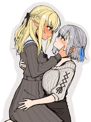  2girls black_skirt blonde_hair blush braid breasts brown_eyes commentary crown_braid dark-skinned_female dark_skin dress elf from_side green_eyes grey_dress grey_hair grey_sweater hair_behind_ear hand_on_another&#039;s_head highres hololive jewelry large_breasts long_hair long_pointy_ears looking_down looking_up multiple_girls official_alternate_costume pointy_ears ring sailor_collar sazare_(sazare_az) shiranui_flare shiranui_flare_(street) shirogane_noel shirogane_noel_(casual) short_hair sitting sitting_on_person skirt sweater sweater_tucked_in virtual_youtuber wedding_ring white_background wife_and_wife yuri 