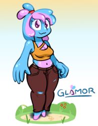  2020 blue_body blue_skin breasts clothed clothing digital_media_(artwork) ditto_(pokemon) featureless_feet feet female generation_1_pokemon glamor_(glimglam) glimglam goo_creature hair half_shiny_pokemon hi_res humanoid looking_at_viewer midriff multicolored_body navel nintendo not_furry pink_body pokemon pokemon_(species) pokemorph shiny_pokemon shirt simple_background smile solo standing text topwear two_tone_body 