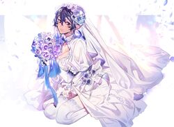  blue_eyes blue_hair blush bouquet breasts bridal_veil cleavage cleavage_cutout clothing_cutout commentary_request dress earrings female flower hair_between_eyes high_heels highres holding jewelry looking_at_viewer mayutsuba_mono original petals plant puffy_sleeves seiza short_hair sitting solo thighhighs thorns veil vines wedding_dress white_dress white_thighhighs 