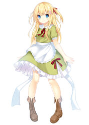  apron bare_legs blonde_hair blue_eyes boots breasts brown_footwear dress female frilled_dress frills full_body green_dress hair_ribbon long_hair original puffy_short_sleeves puffy_sleeves ribbon setona_(daice) short_sleeves simple_background small_breasts smile solo two_side_up white_background 