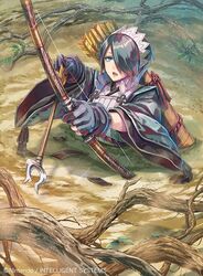  arrow_(projectile) bisaiiiii blue_eyes blue_hair bow_(weapon) female fire_emblem fire_emblem_cipher fire_emblem_fates gloves hairband holding holding_bow_(weapon) holding_weapon japanese_clothes outdoors plant_roots quicksand setsuna_(fire_emblem) tree upper_body weapon wetland 