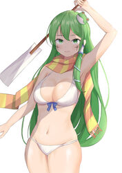  absurdres arm_up armpits bikini blue_bow blush bow bow_bikini breasts cleavage commentary_request cookie_(touhou) cowboy_shot cross facepaint female frog_hair_ornament gohei green_eyes green_hair hair_between_eyes hair_ornament hair_tubes highres ikikiksgiksg kochiya_sanae long_hair looking_at_viewer medium_breasts navel open_mouth orange_scarf paseri_(cookie) scarf simple_background smile snake_hair_ornament solo striped_clothes striped_scarf swimsuit touhou white_background white_bikini yellow_scarf 